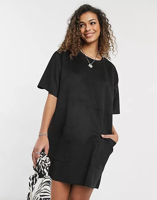 ASOS DESIGN oversized suedette t-shirt dress with pocket detail in black | ASOS (Global)