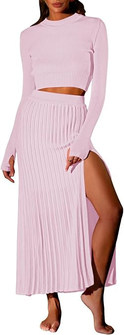 Pink Queen Women's 2 Piece Sweater Outfits Set Long Sleeve Crop Top Ribbed Split Bodycon Midi Lon... | Amazon (US)