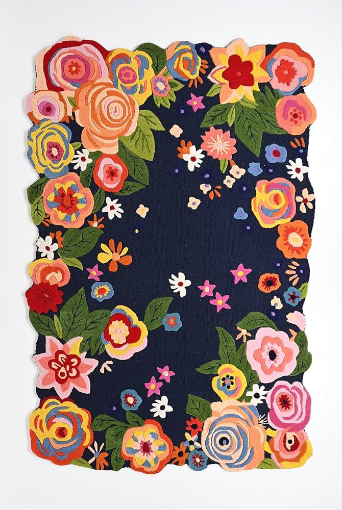Handmade Colorful Roses Floral Wool Area Rug | Irregular Shape, Blossom & Vibrant Multi-Colored G... | Amazon (US)