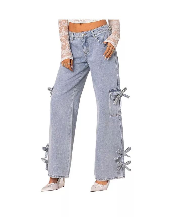Edikted Women's Bows 4 Days low rise baggy jeans - Macy's | Macy's