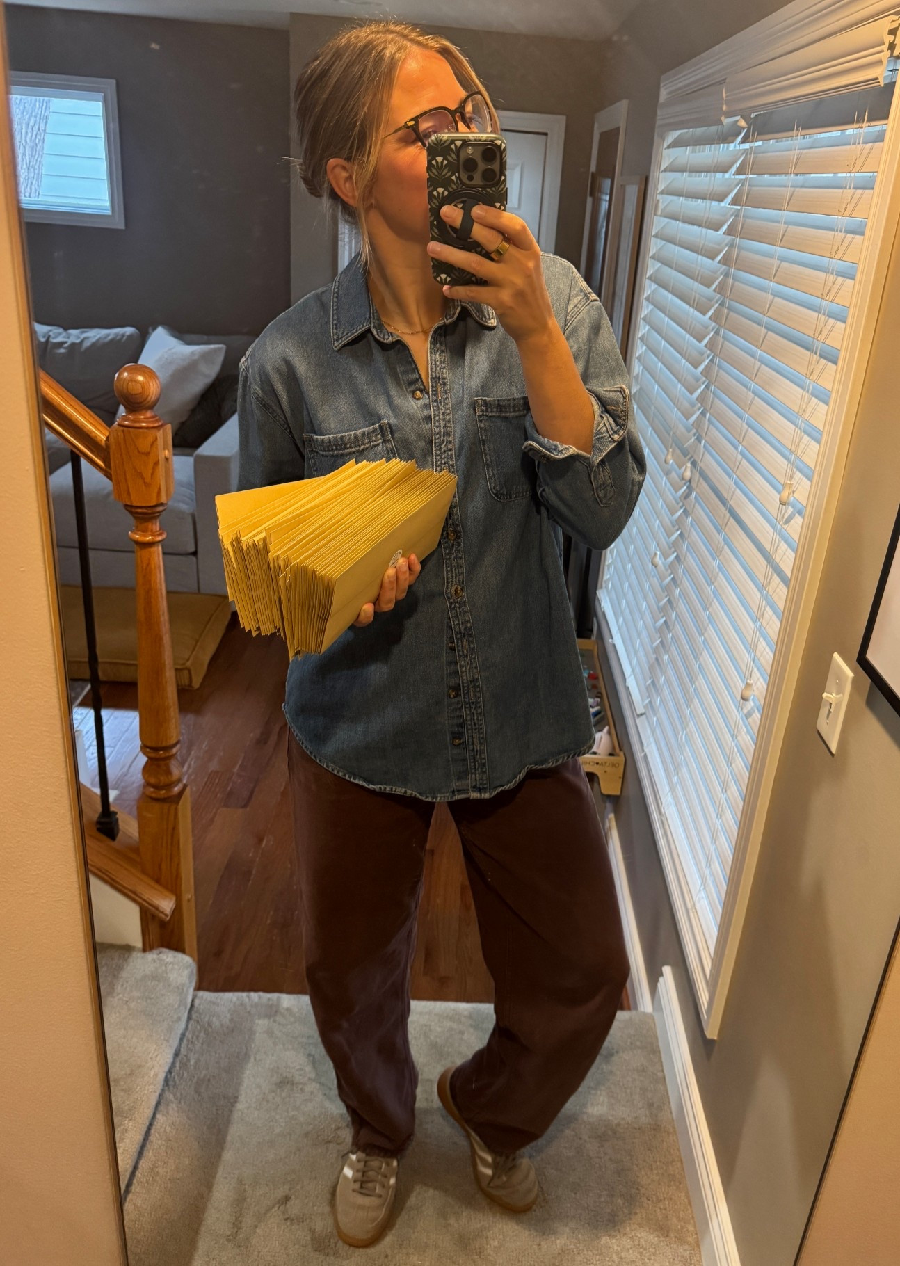 Ready to drop off Bookmark Club at the post office! Thrifted top, tagged similar. Crossover brown pants are 50% off! Fav shoes, these go with everything and are true to size. 

#LTKmomlife #LTKootd #LTKdayinmylife