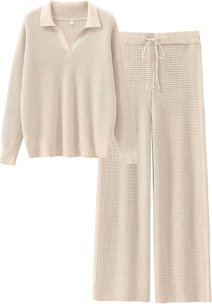 ANRABESS Women Two Piece Outfits Sweater Sets Lounge Waffle Knit Pullover Matching Wide Leg Pants... | Amazon (US)