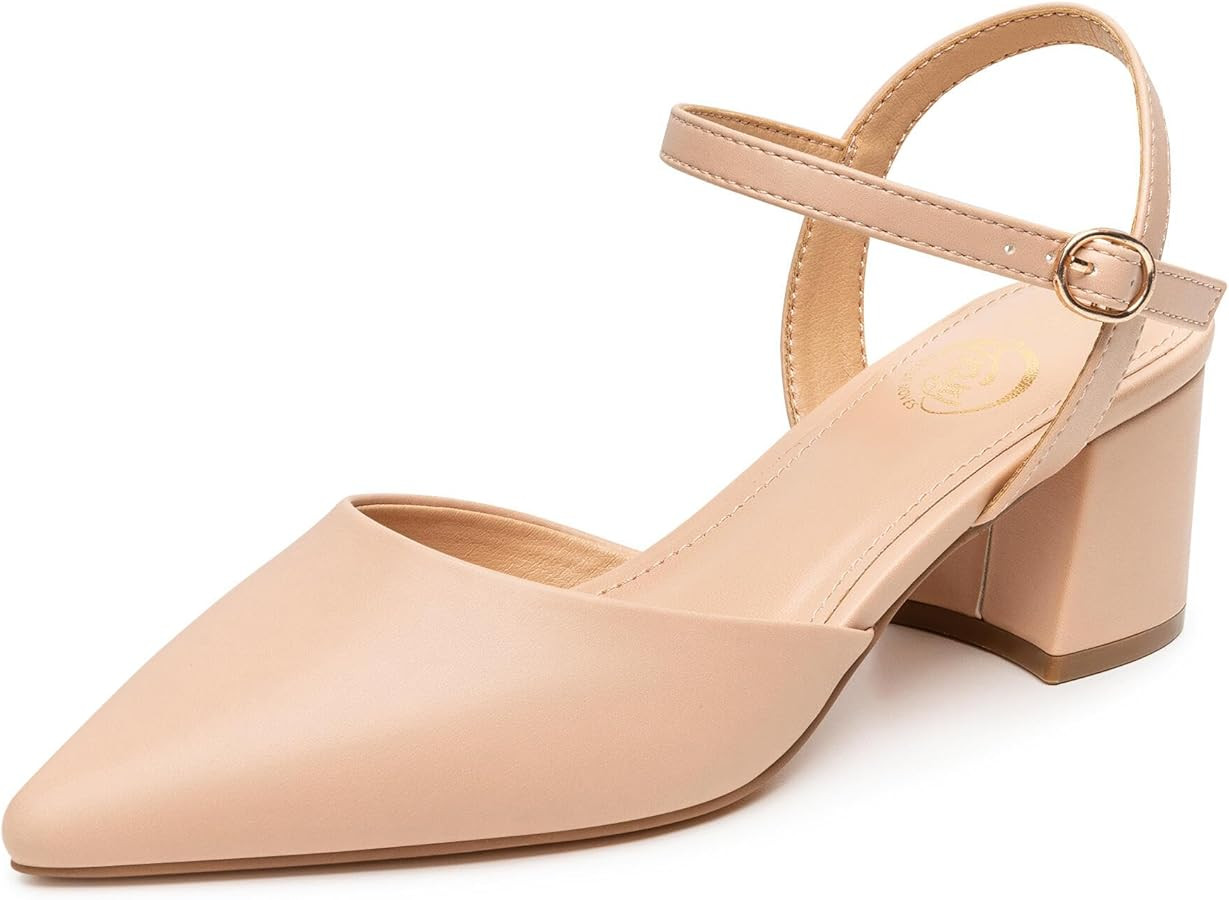 Trary Women's Pointed Toe Low Chunky Block Heels,Comfortable Adjustable Ankle Strap Closed Toe Wo... | Amazon (US)