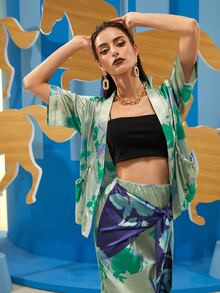 SHEIN X LYDS Plants Print Open Front Satin Kimono SKU: sw2108100024548080(4 Reviews)$7.50$18.00-5... | SHEIN