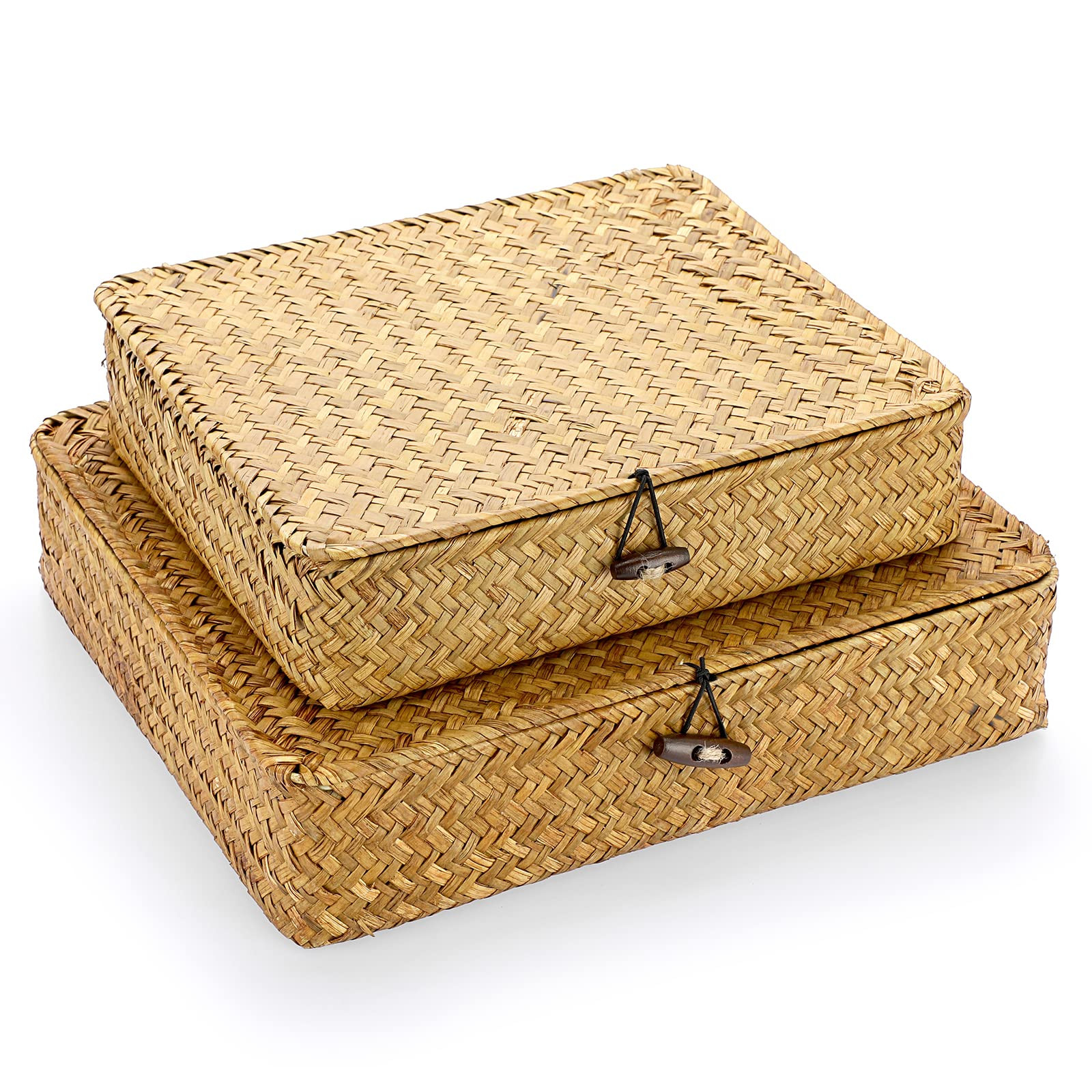Hipiwe Set of 2 Flat Woven Wicker Storage Bins with Lid Natural Seagrass Basket Boxes Multipurpos... | Amazon (US)