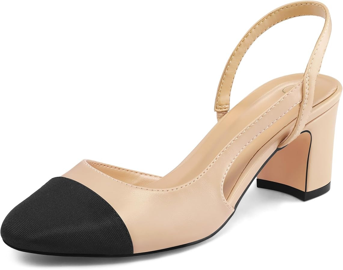 Women's Splicing Closed Round Toe Slingback Pumps 2.5 Inch Chunky Block Heels Casual Dress Shoes | Amazon (US)