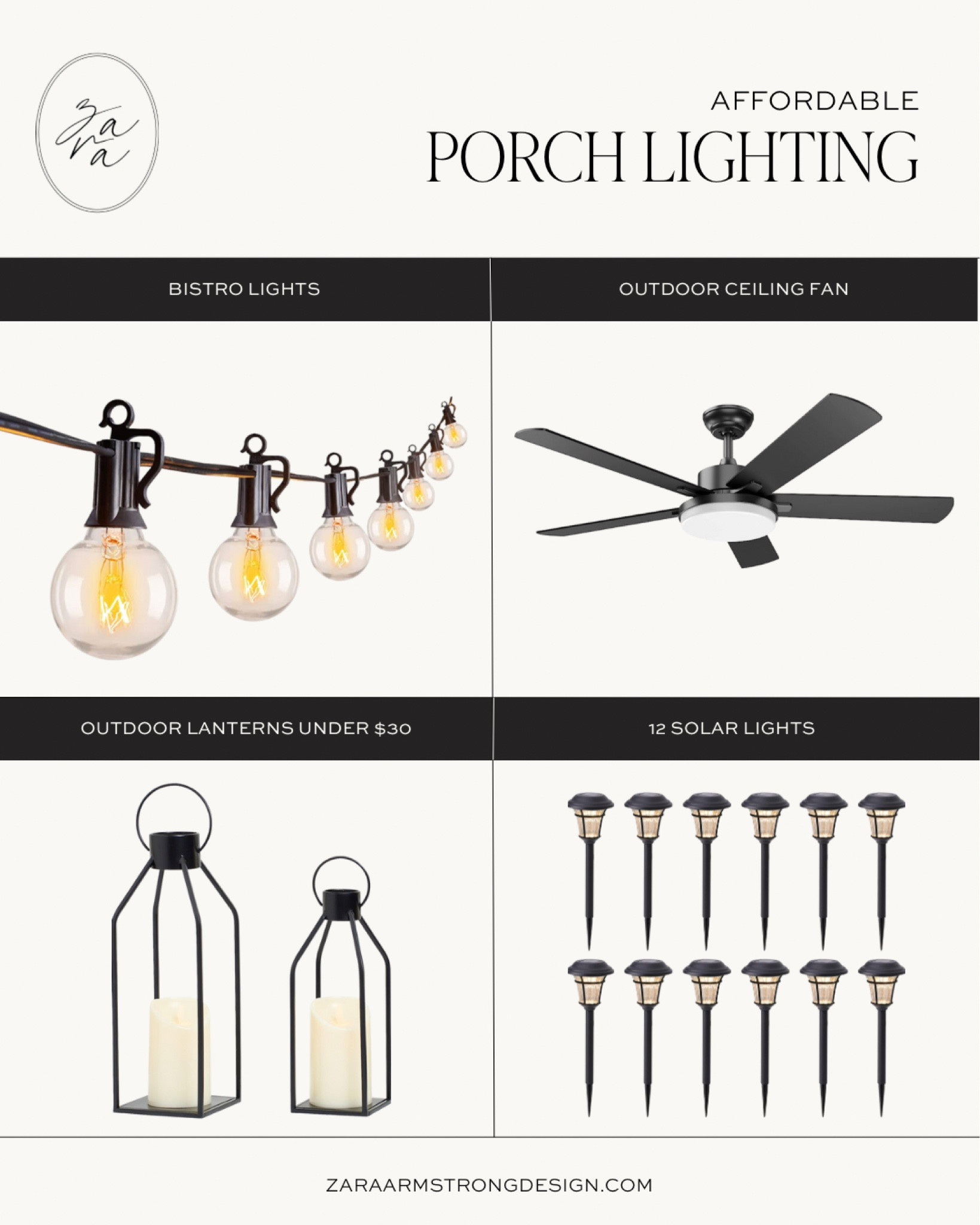 Summer porch refresh. Affordable outdoor lighting for patio.

Black metal lanterns. 
Black modern farmhouse ceiling fan
Outdoor bistro lights
Solar lights 

#LTKSeasonal #LTKunder100 #LTKunder50