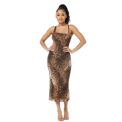Slickblue Animal Print Midi Dress with Strap Accents & Waist Side Cutouts, Modern Brown Design, M | Target