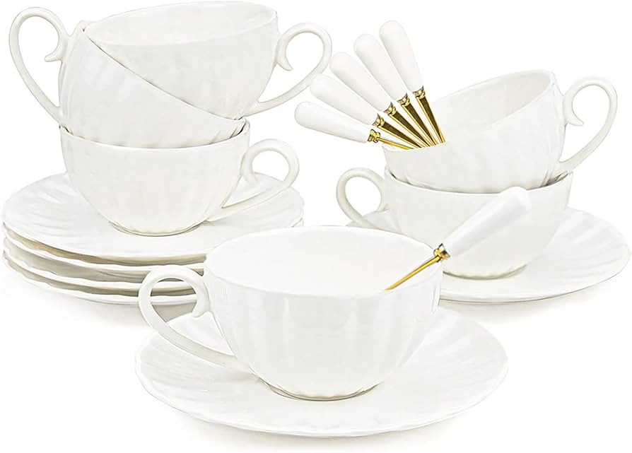 Yesland Set of 6 Royal Tea Cups and Saucers, 6 oz White Porcelain Tea Set & British Coffee Cups, ... | Amazon (US)