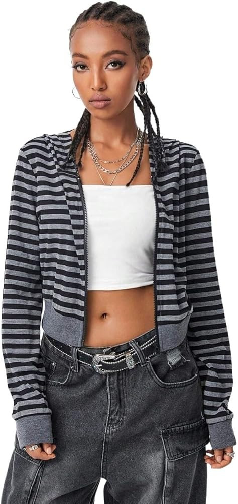 Casual jackets for women Knit Striped Stretchy Zip Up Workout Hooded Long Sleeve Hoodies | Amazon (US)