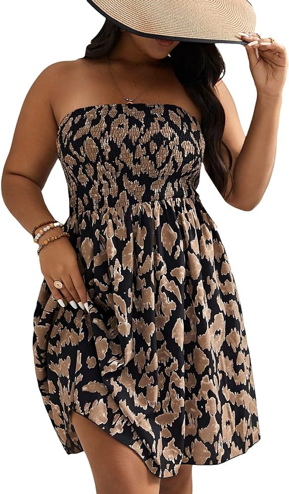 SOLY HUX Women's Plus Size Allover Print Shirred Strapless Tube Dress Sleeveless A Line Short Dre... | Amazon (US)