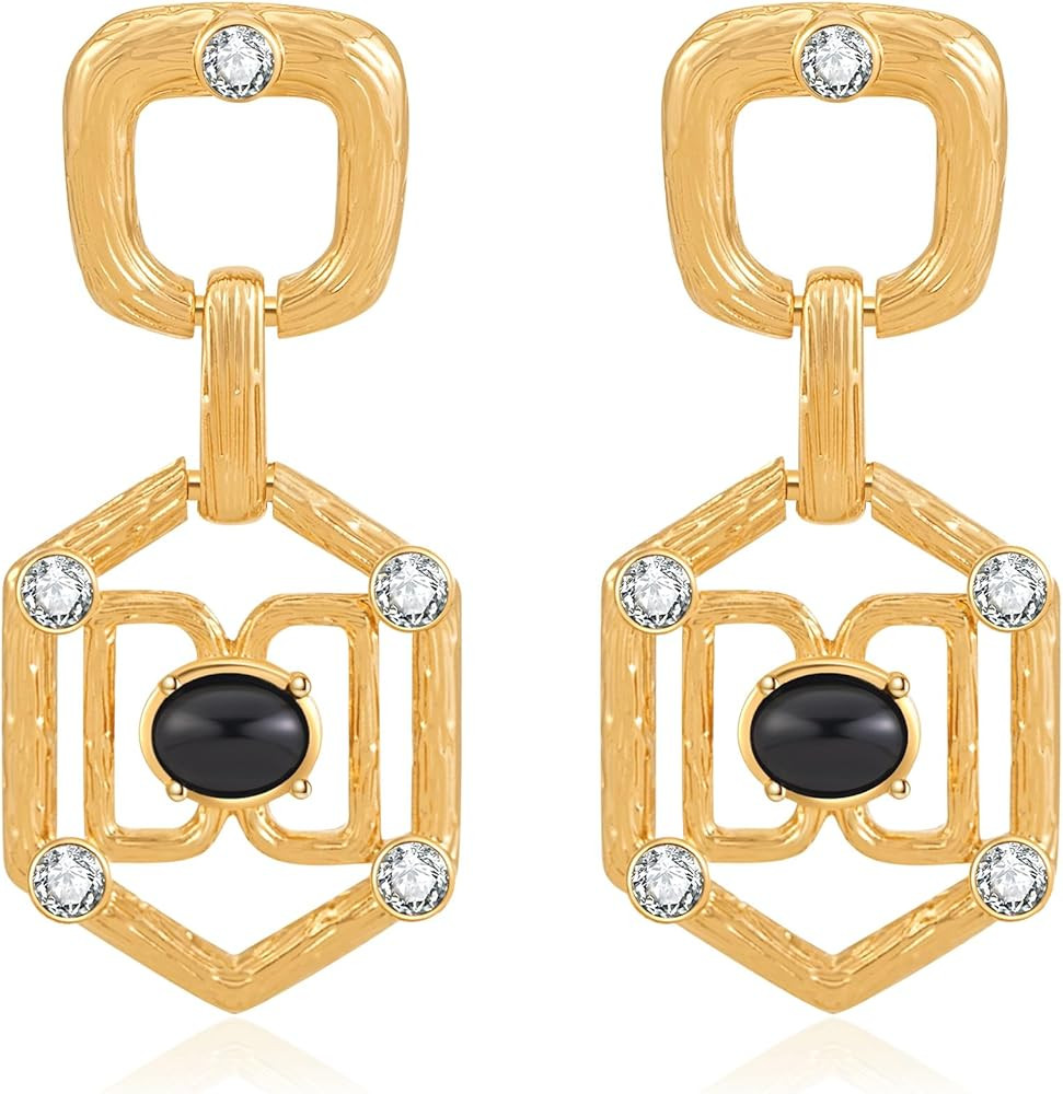 Statement Gold Drop Earrings,Geometric Chain Link Dangle Earrings with Natural Stone and Crystal | Amazon (US)