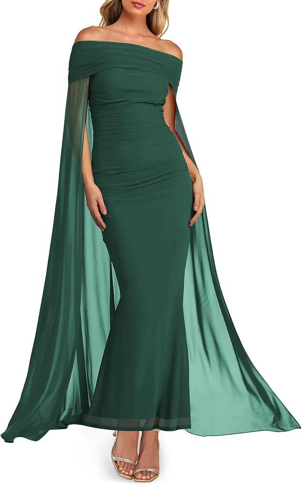 MAYFASEY Women's Elegant Off Shoulder Long Sleeve Mesh Ruched Bodycon Long Formal Party Evening D... | Amazon (US)