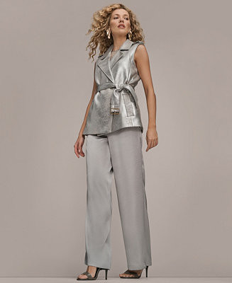 Women's Metallic Belted Sleeveless Vest, Beaded Top, and Wide-Leg Pants | Macy's