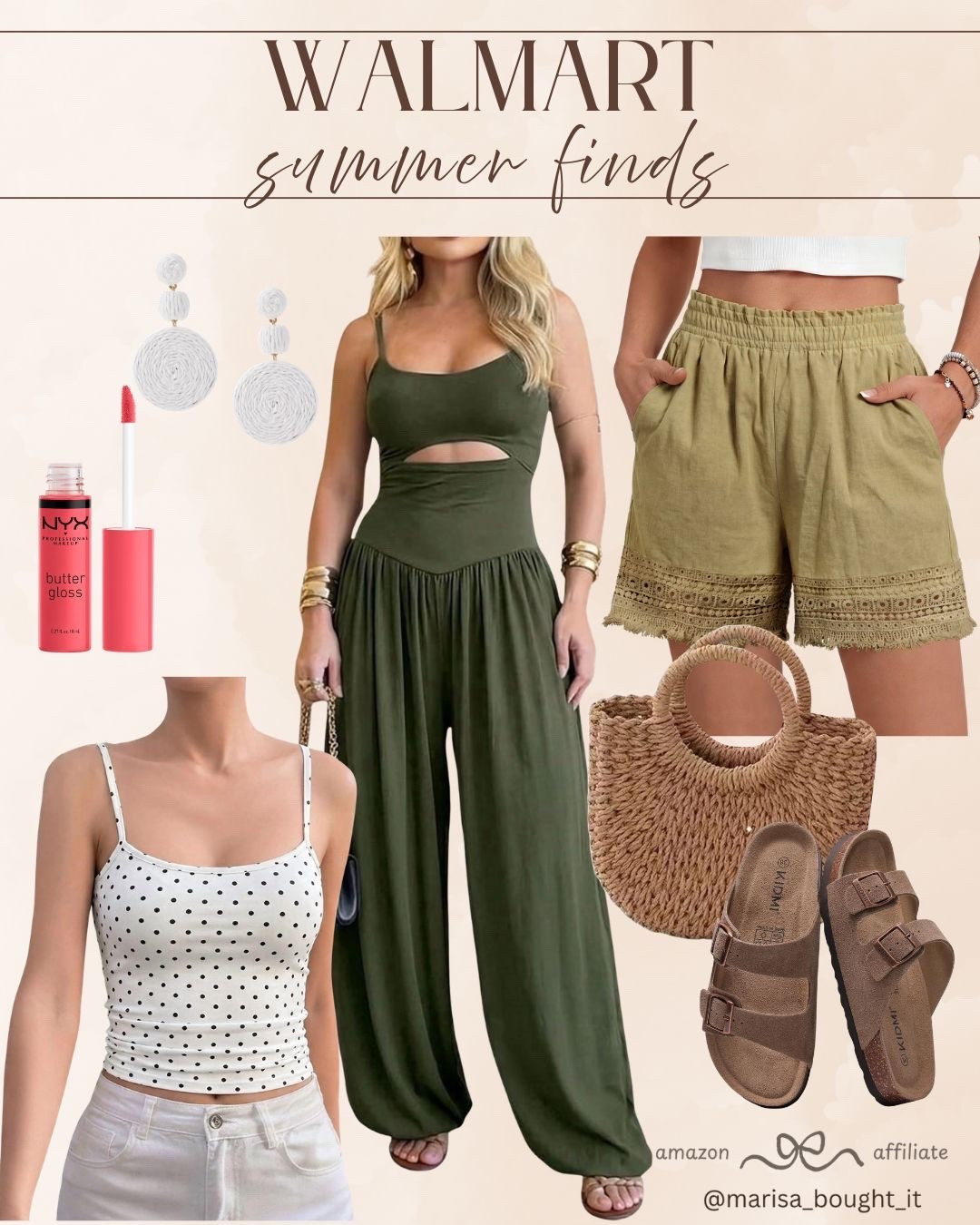 I am absolutely obsessed with these gorgeous Walmart summer finds! ☀️ I styled a stunning olive green cutout jumpsuit, a chic polka dot cami, eyelet-trimmed olive shorts, casual double-strap slide sandals, a woven straw handbag, white drop earrings, and a pop of pink lip gloss.
Shop these trendy, elevated warm-weather pieces now. ✨ #WalmartFashion #SummerStyle #OOTD #SummerOutfits #JumpsuitStyle #CasualLook

#LTKootd #LTKSeasonal