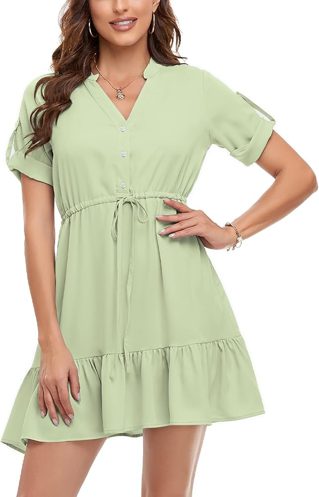 Leereya Button Down Dresses for Women Summer Ruffle Swing A Line Dress V Neck Half Sleeve Draswtring | Amazon (US)