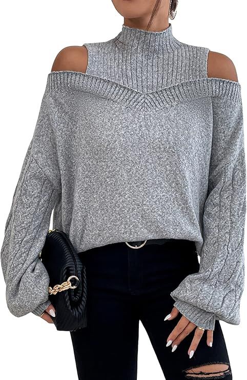 MakeMeChic Women's Cable Knit Cold Shoulder High Neck Lantern Sleeve Sweater Pullover Jumper Top | Amazon (US)