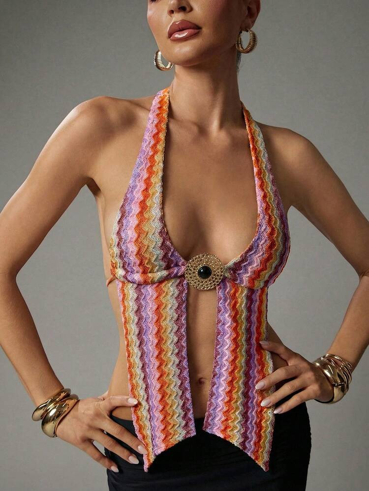 Hauture Women's Metal Decor Wavy Pink And Orange Open Back Sexy Boho Halter Top Beach Summer | SHEIN