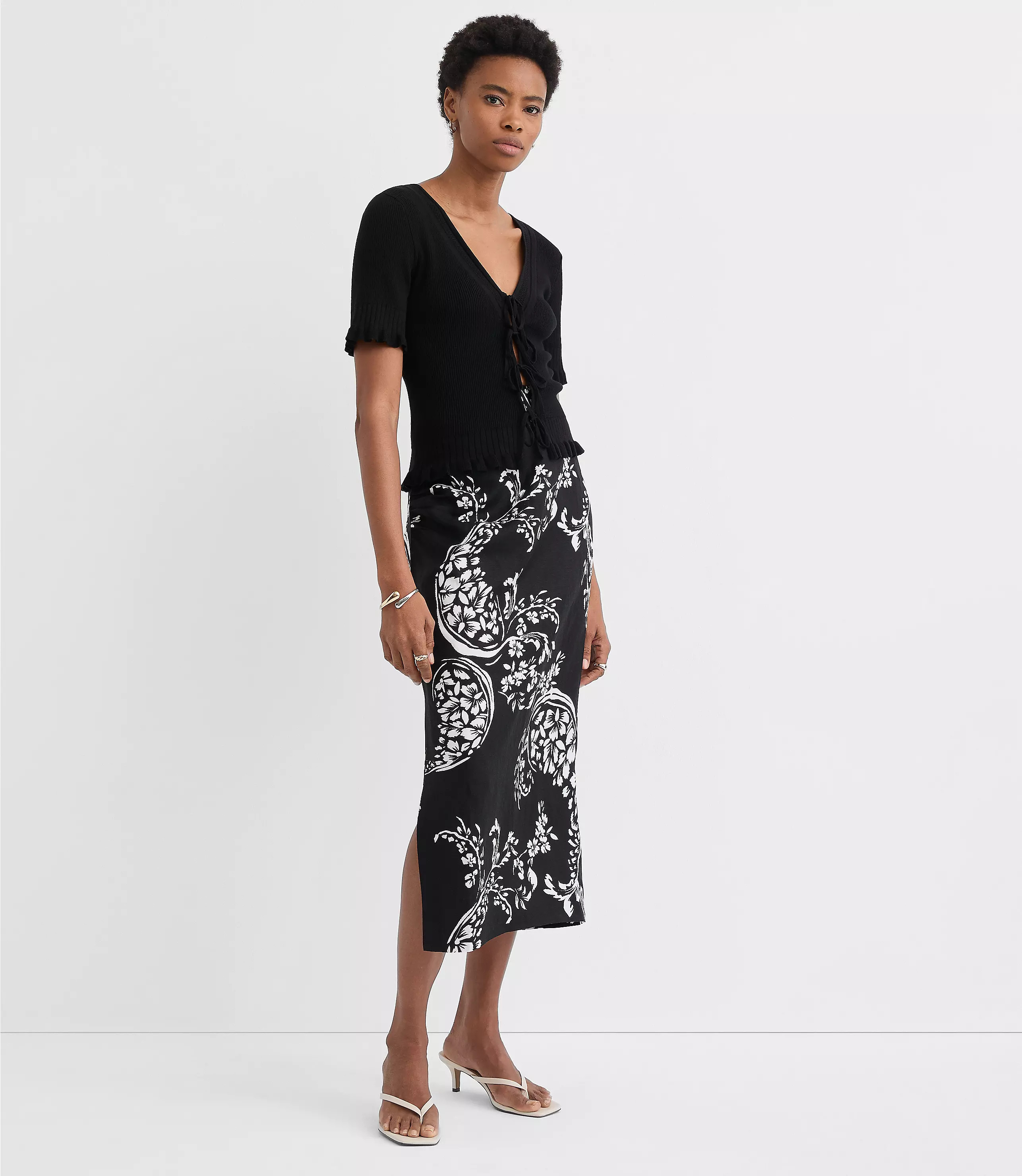 Floral Paisley Ruched Linen Blend Midi Skirt | LOFT