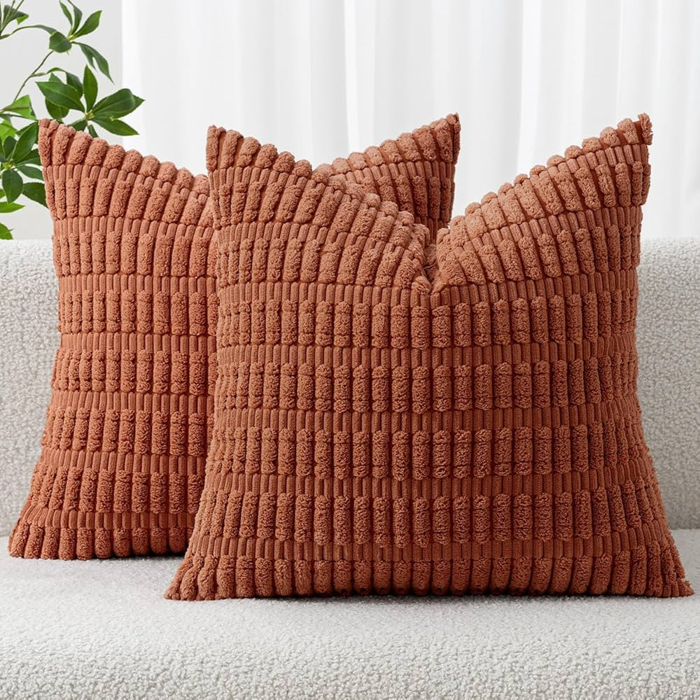 MIULEE Pack of 2 Dark Rust Corduroy Decorative Fall Pillow Covers 18x18 Inch Soft Boho Striped Th... | Amazon (US)