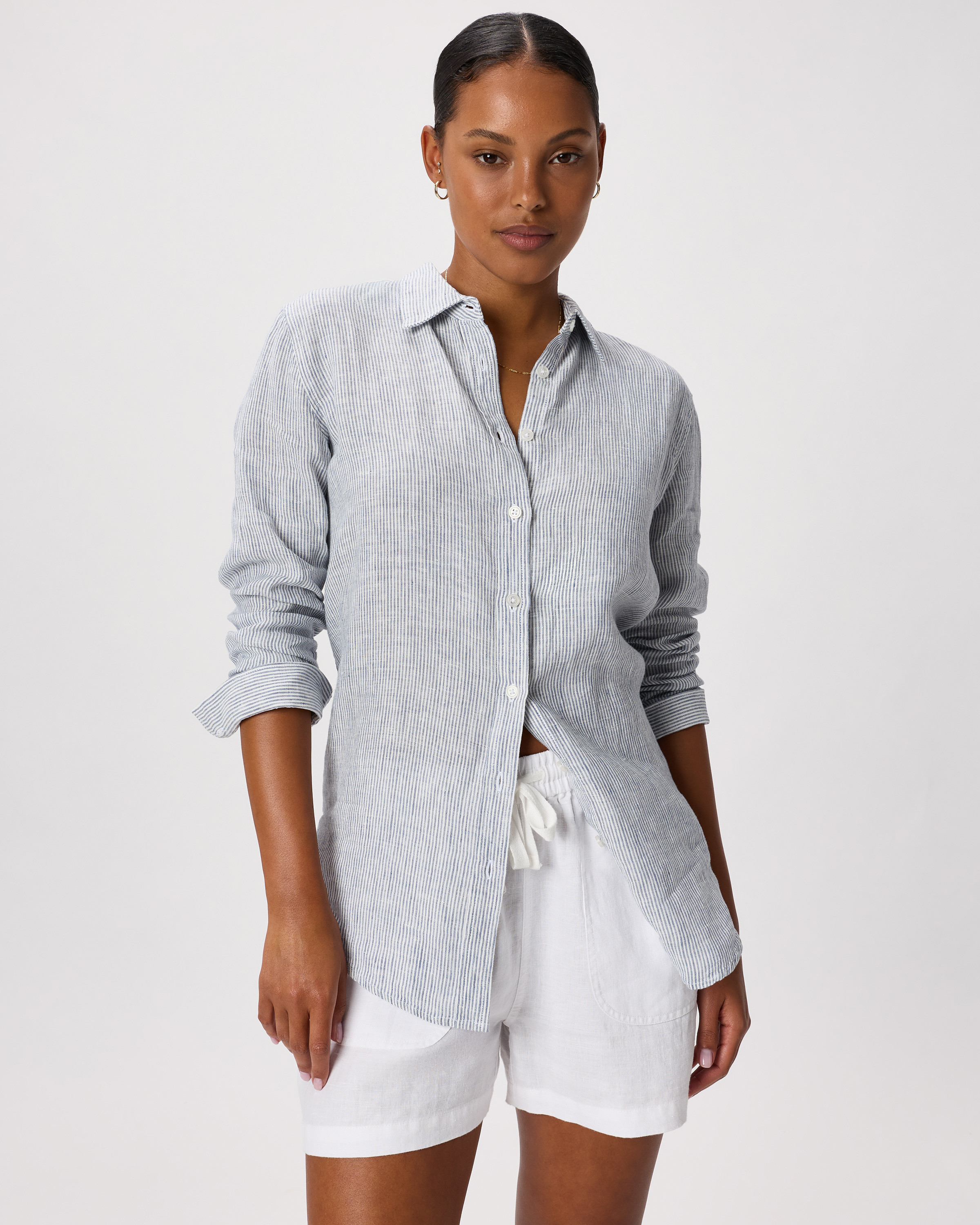 Quince | Women's 100% European Linen Long Sleeve Shirt in Blue Pinstripe, Size Medium | Quince