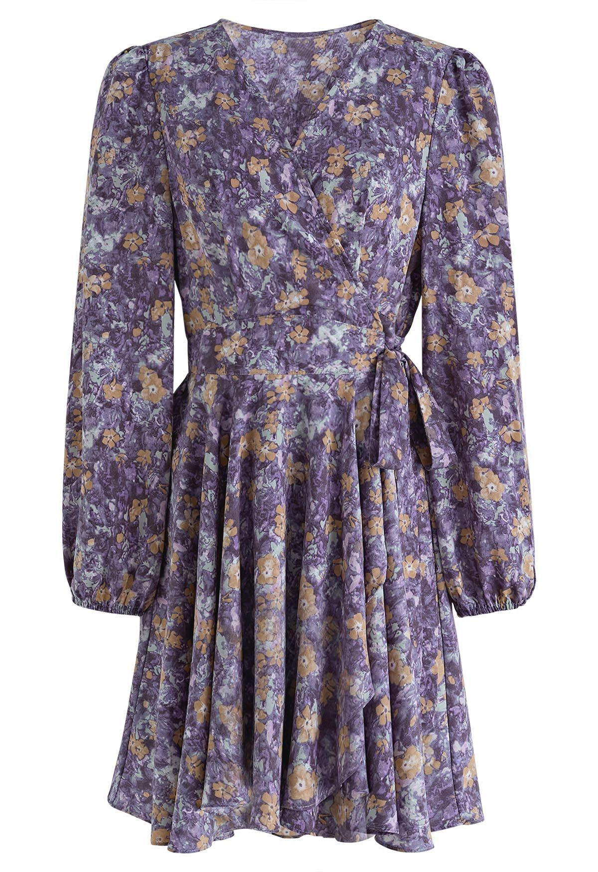 Floret Landscape Chiffon Wrap Mini Dress in Purple | Chicwish