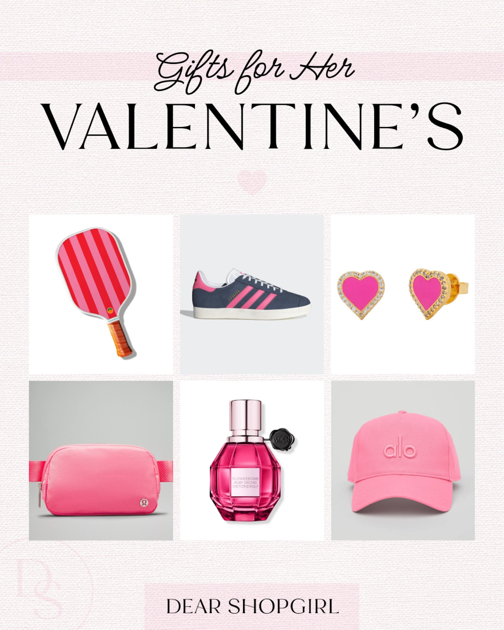 Valentine’s gift guide for the trendy gal! Can’t go wrong with any of these pretty in pink gifts 🎀 pickleball paddle, adidas sambas, pink Kate spade pave earrings, lululemon belt bag, viktor&rolf flowerbomb perfume, pink alo hat

#LTKSeasonal #LTKfindsunder100 #LTKGiftGuide