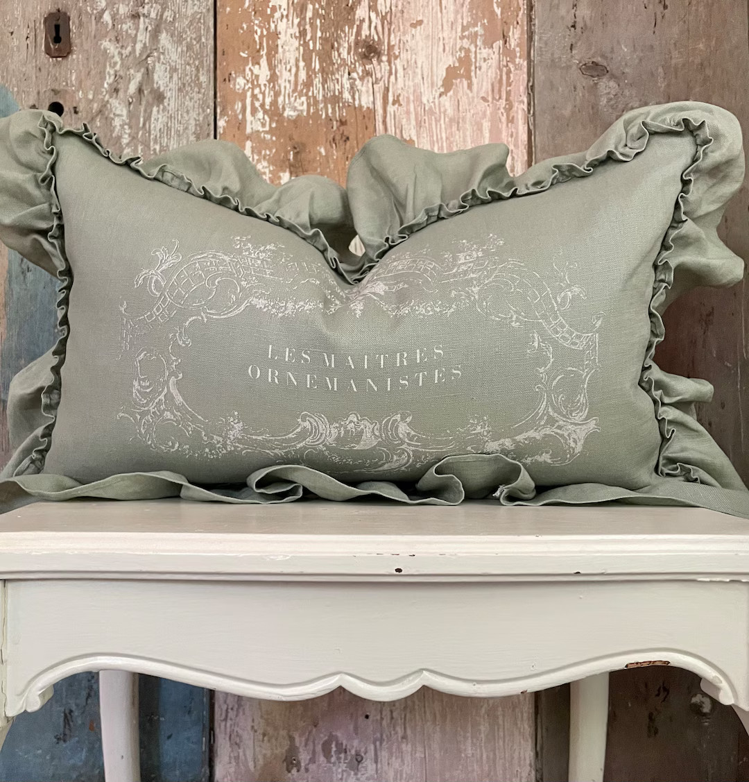 Sage Green French Linen Ruffle Lumbar Pillow Cover, Shabby Country Decor, Cottage Chic, French An... | Etsy (US)