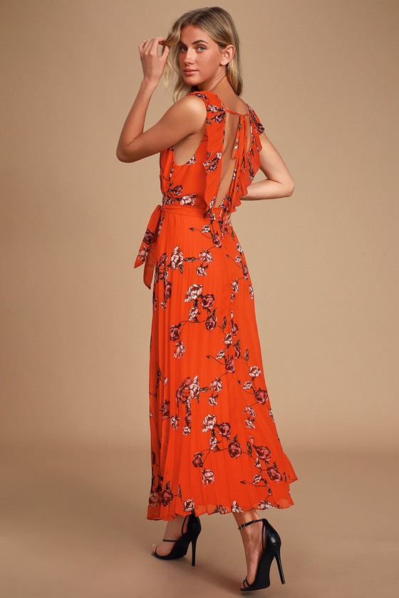Loved By You Red Orange Floral Print Pleated Chiffon Maxi Dress | Lulus (US)