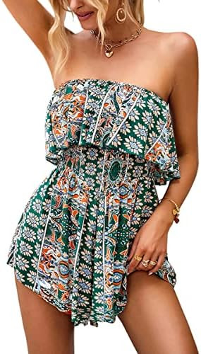 ECOWISH Women Off Shoulder Romper Strapless Floral Print Striped Beach Shorts Jumpsuit | Amazon (US)