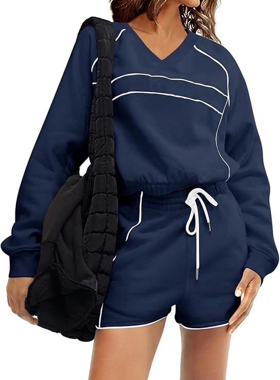 Fisoew Womens Sweatsuits 2 Piece Outfits V Neck Fleece Sweatshirts Contrast High Waisted Shorts C... | Amazon (US)
