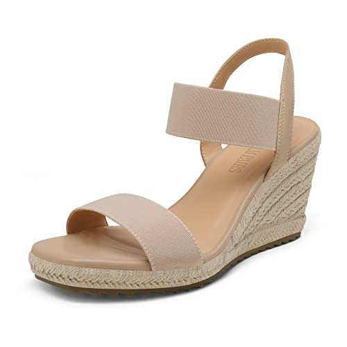 DREAM PAIRS Womens Open Toe Espadrilles Dressy Platform Sandals Slip on Elastic Ankle Strap Wedges Sandals SDPW222W Nude Size 9 | Amazon (US)