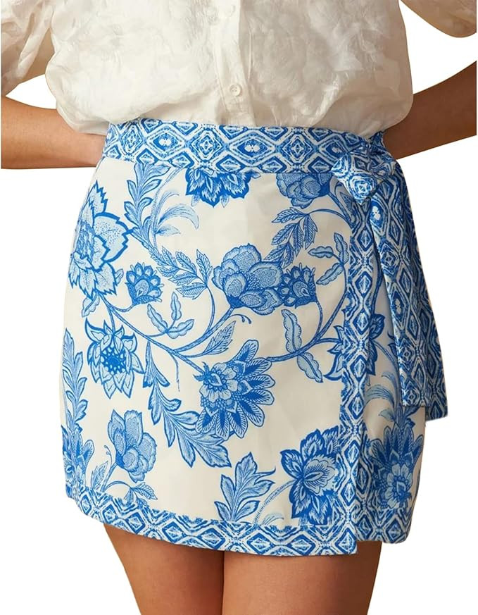Womens Floral Wrap Mini Skirt Summer Beach Short Skirt Casual Knot Side High Waist A Line Vacatio... | Amazon (US)