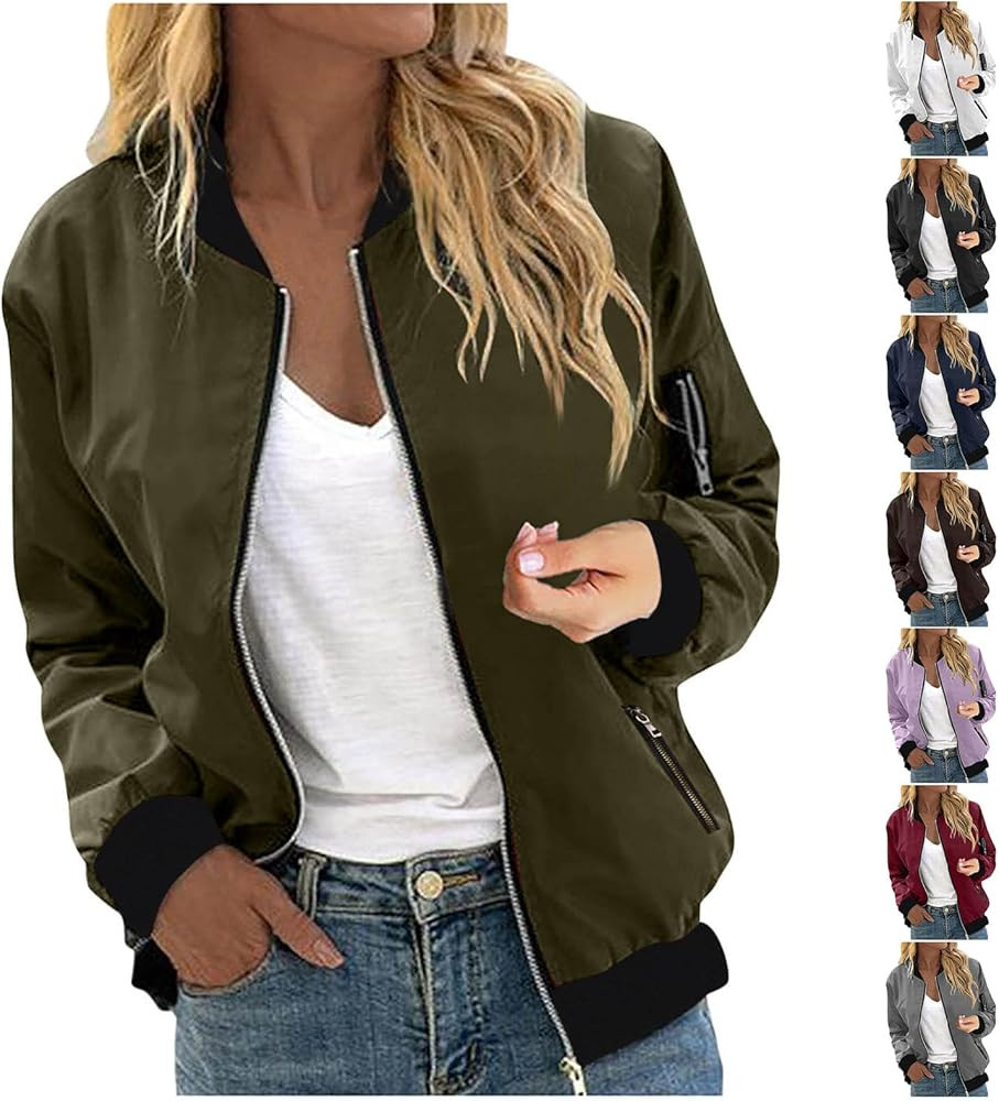 Fall Bomber Jacket Women Casual Long Sleeve Stand Collar Zip Up Lightweight Jackets Coats Outwear... | Amazon (US)