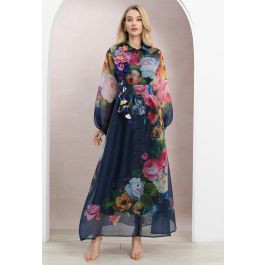 Floral-Kissed Button-Down Organza Maxi Dress with Brooch in Navy for Romantic Retreats & Sunset D... | Chicwish