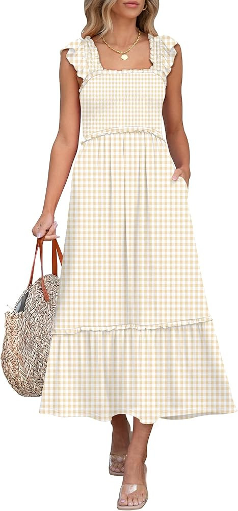 ANRABESS Womens Summer Sleeveless Maxi Dress Square Neck Smocked Boho Casual Ruffle Strap Flowy A... | Amazon (US)