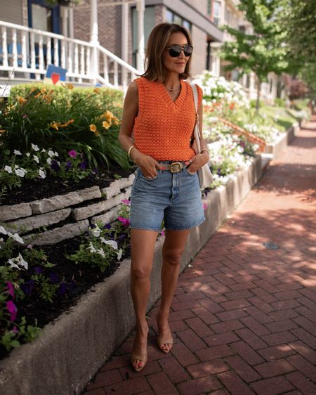 Loving this little orange pop of color sweater vest XS and long denim shorts combo! Added a little heel that’s restocked !! Summer outfit 

#LTKShoeCrush #LTKSeasonal #LTKStyleTip
