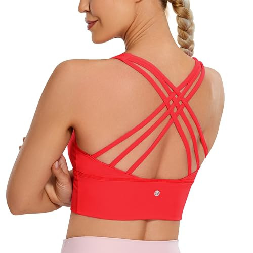 CRZ YOGA Naked Feeling Criss Cross Longline Sports Bras for Women - Wirefree Padded Strappy Yoga Cropped Tops Deep Red Large | Amazon (US)
