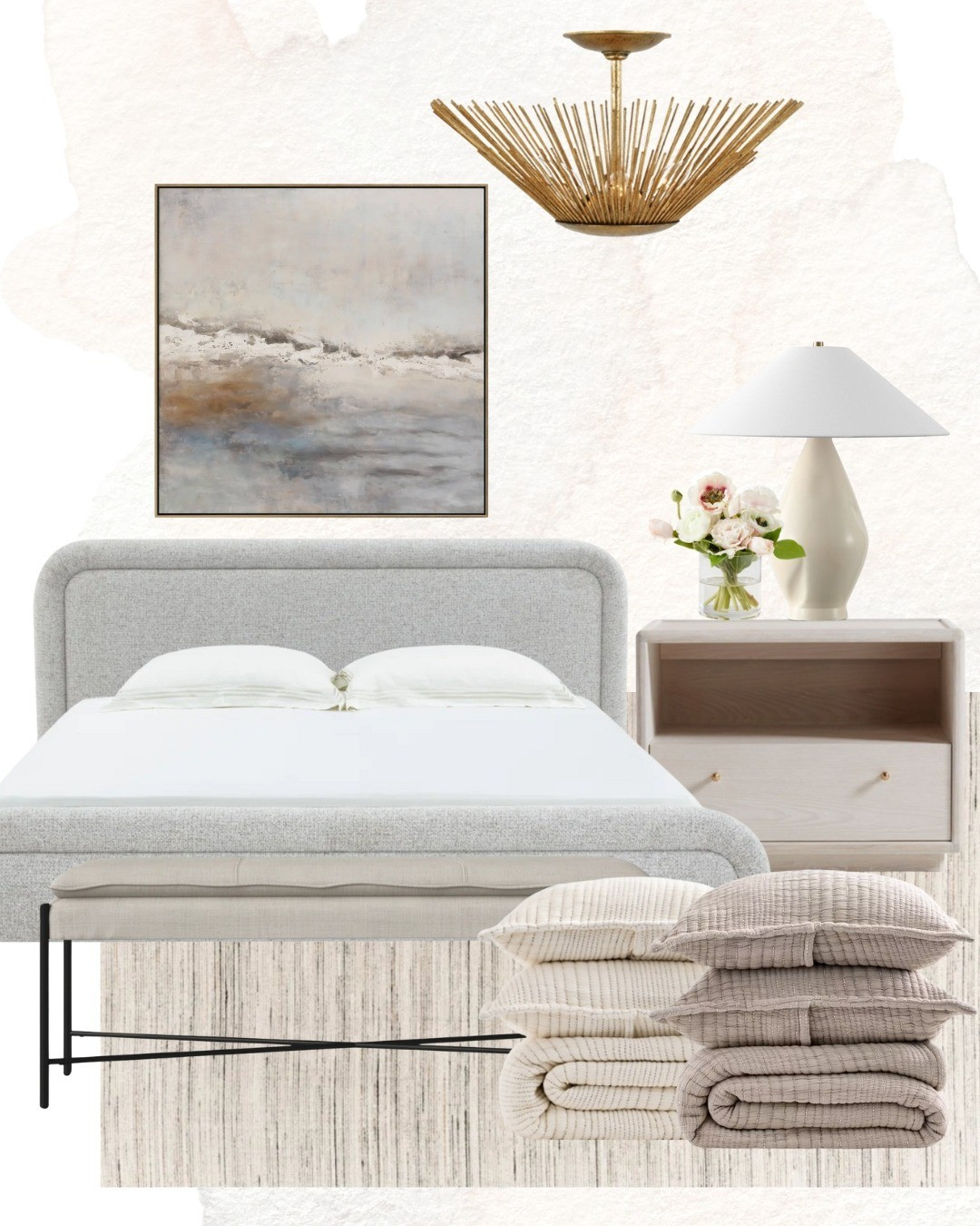 Get the Look: Bedroom Design!Upholstered bed, bench, flushmount light, nightstand, nuetral rug, large art, faux flowers, table lamp

#LTKHome