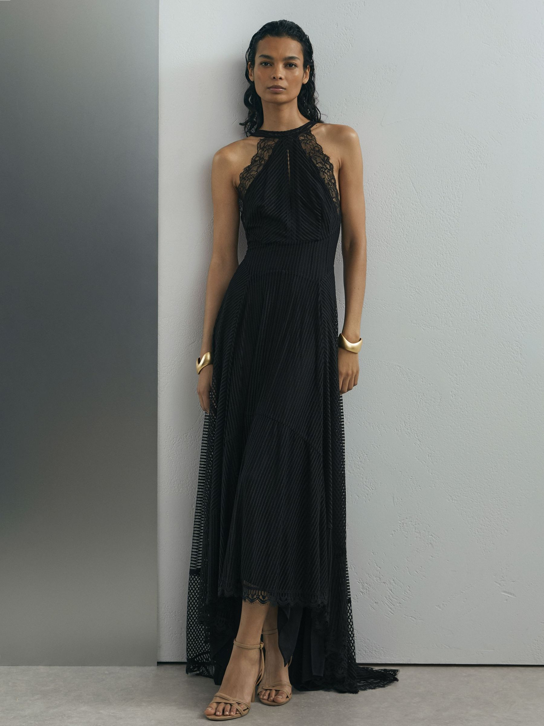 Reiss Atelier Lace-Trim Sheer Maxi Black Dress in Black | REISS | Reiss US