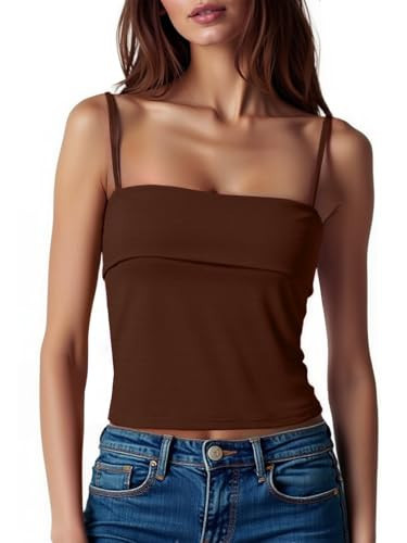 ZANZEA Adjustable Spaghetti Strap Tank Top Basic Going Out Tops for Women 2025 Dressy Casual Square Neck Cropped Camisole Tops Brown Small | Amazon (US)
