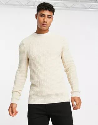 ASOS DESIGN muscle fit waffle texture sweater in oatmeal | ASOS (Global)