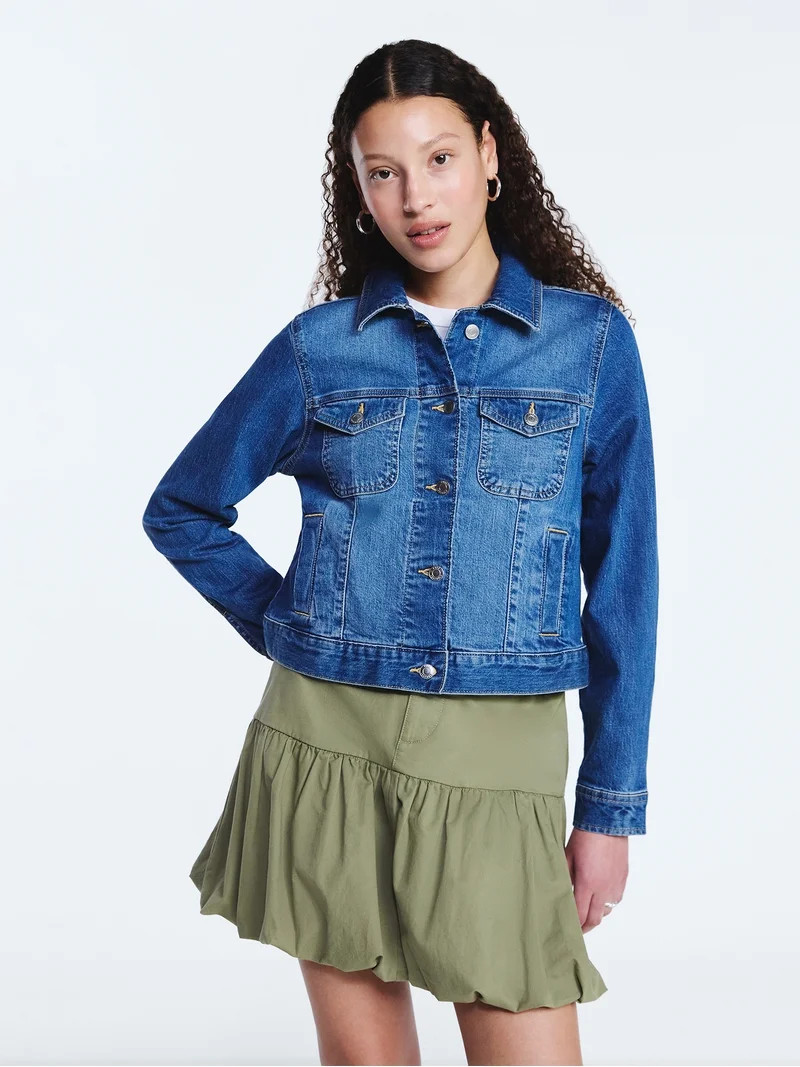 Free Assembly Women's Cropped Denim Jacket with Long Sleeves, Sizes XS-XXL | Walmart (US)