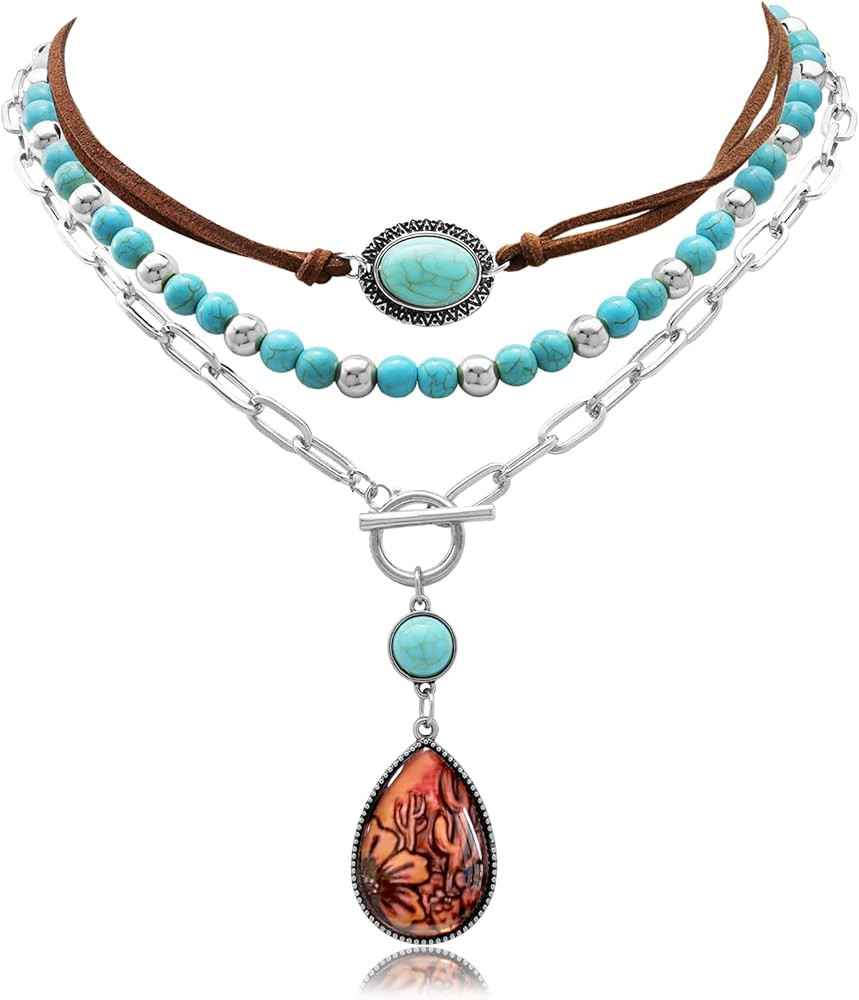 Fscwlmon 3 Pcs Layered Western Cowgirl Necklaces for Women Boho Turquoise Beaded Western Jewelry ... | Amazon (US)