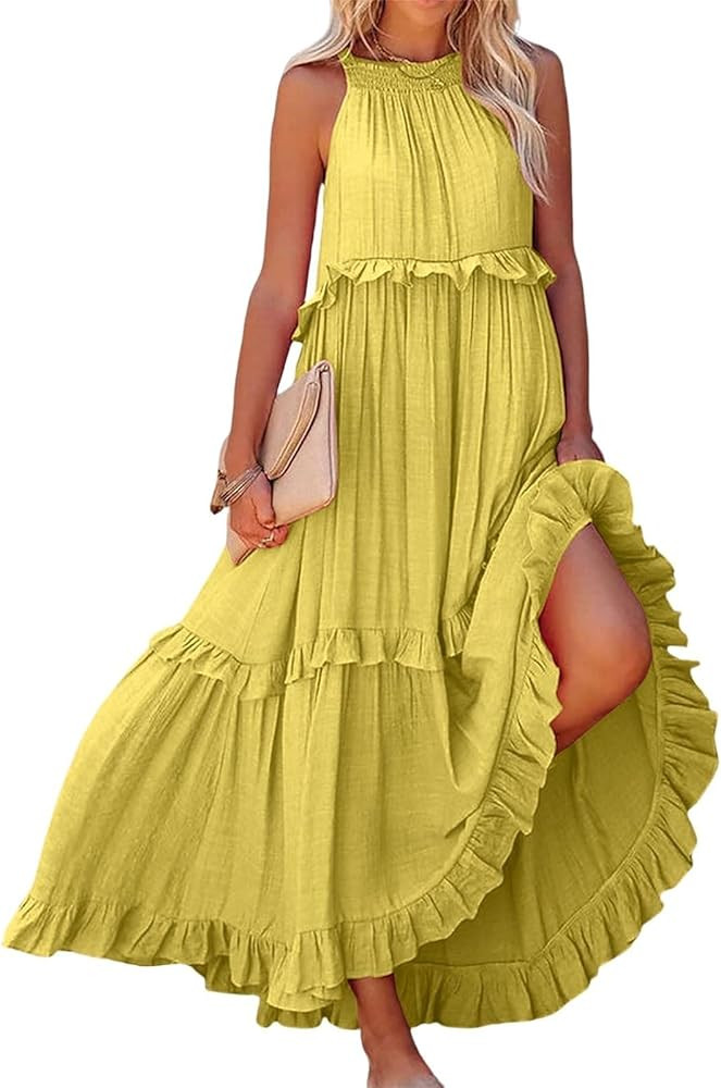 Maxi Dresses for Women 2024 Elegant Loose Flowy Tiered Ruffle Dress Summer Swing Beach Dresses wi... | Amazon (US)