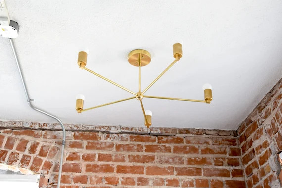 Large 30in. Modern Chandelier Gold Five 5 Arm Pinwheel Bulb Brass Sputnik Mid Century Semi Flush Ind | Etsy (US)