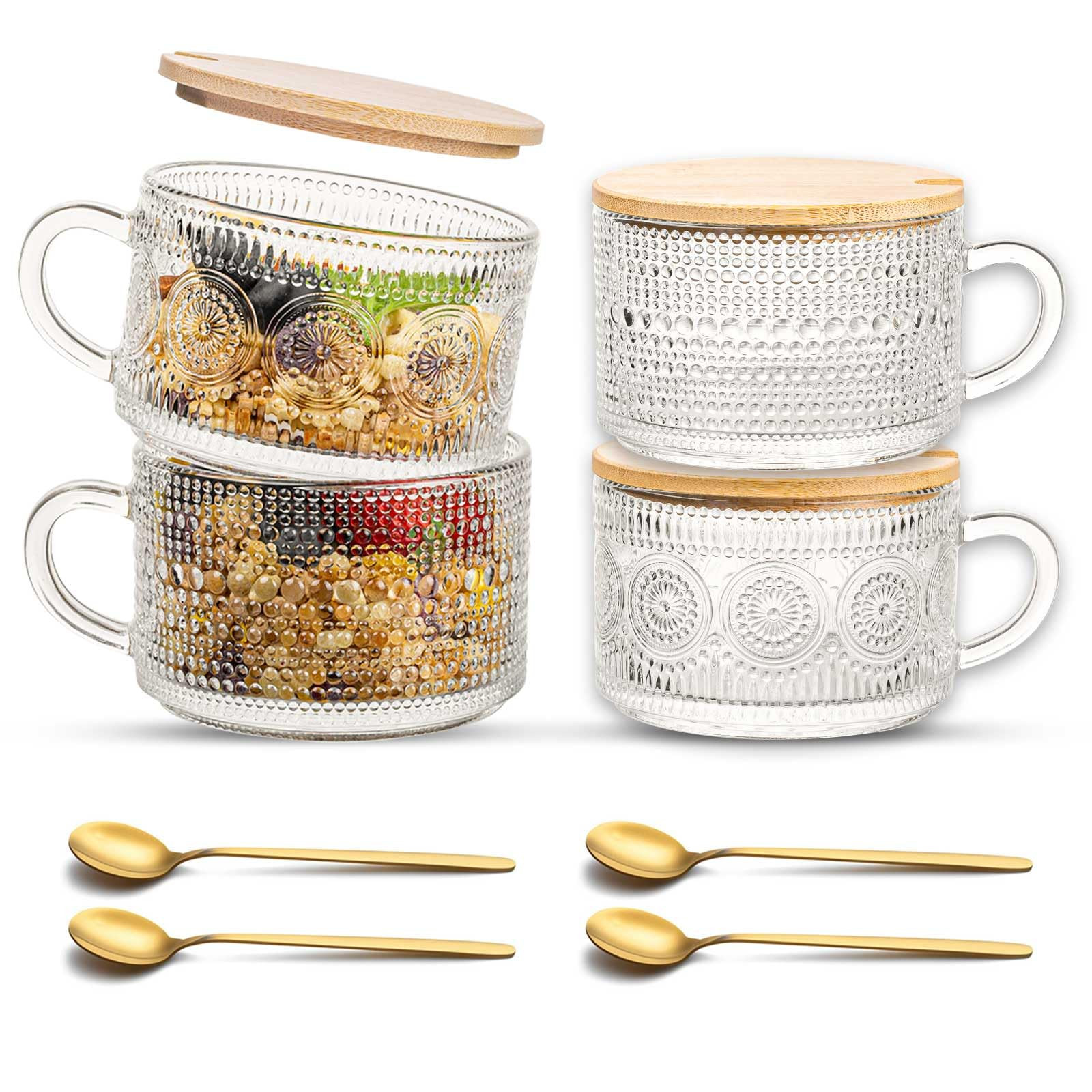 JBHO Vintage Glass 14OZ Coffee Mugs 4pcs Clear Embossed Glass Cups with Bamboo Lids and Spoons Gi... | Amazon (US)