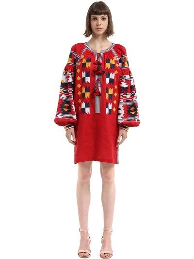 VITA KIN, Magic mix embroidered linen tunic dress, Red/multi, Luisaviaroma | Luisaviaroma