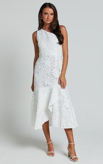 Beth Midi Dress - One Shoulder Ruffle Hem Lace Dress in White | Showpo (US, UK & Europe)