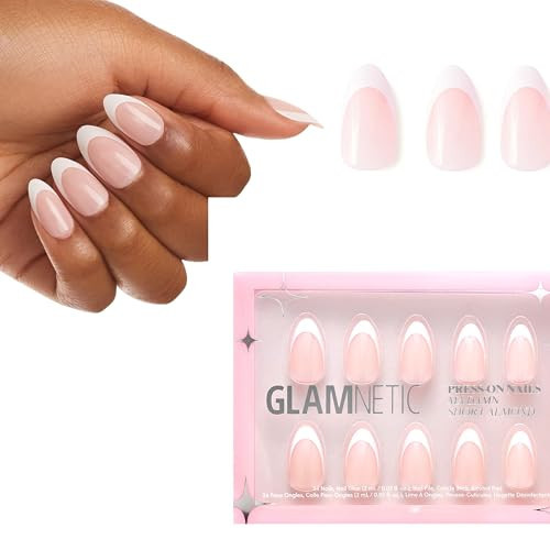 Glamnetic Press On Nails - Ma Damn | French Tip , UV Finish Short Pointed Almond Shape, Reusable Semi-Transparent Nails in 12 Sizes - 24 Nail Kit with Glue | Amazon (US)